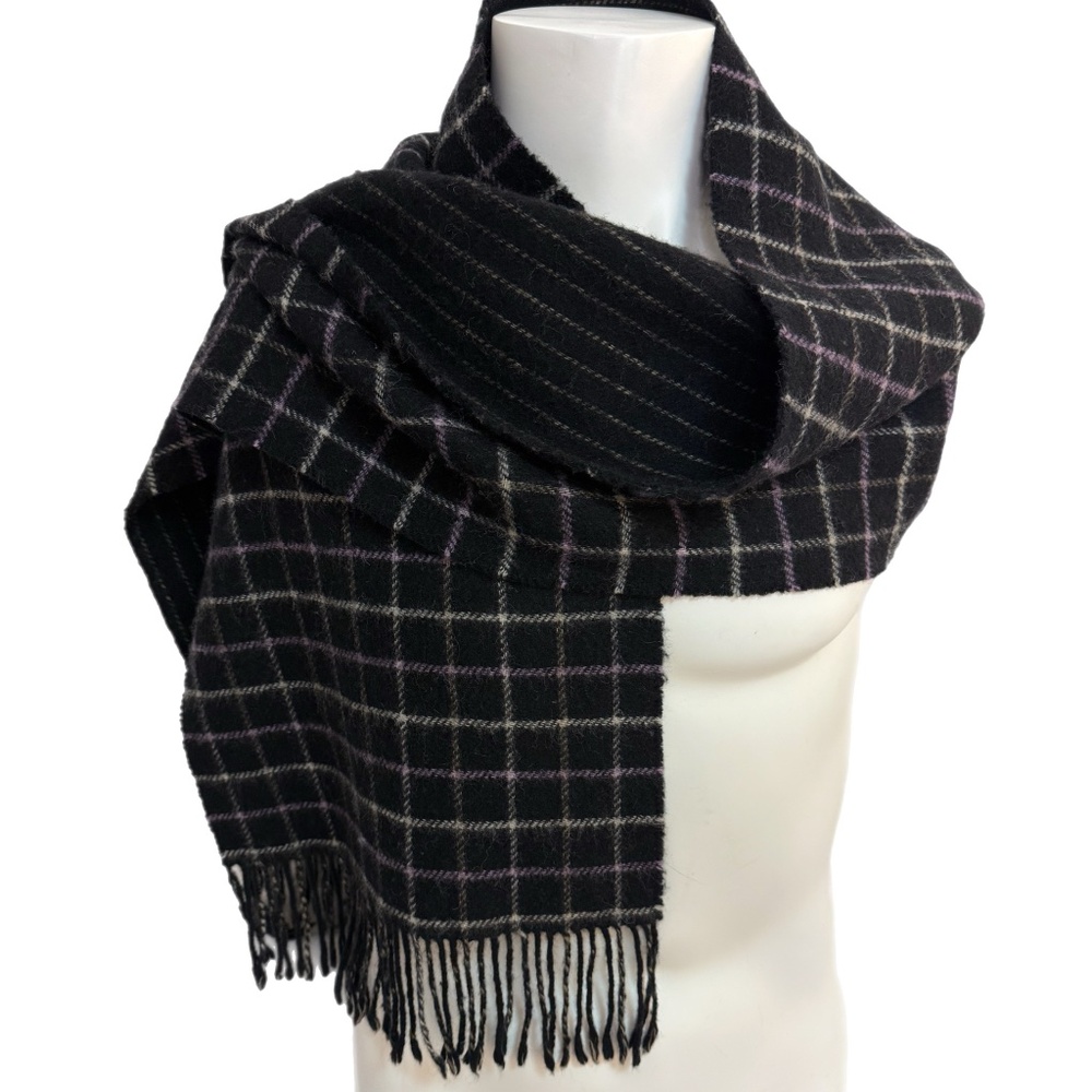 SUSU Wool Cashmere Reversible Scarf - Grid & Pinstripe - Black Purple Cream